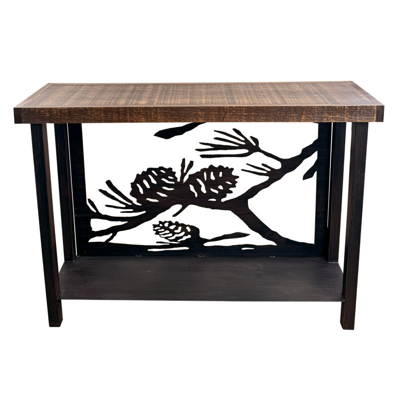 Table de canapé rectangulaire en fer brûlé avec accent de pin