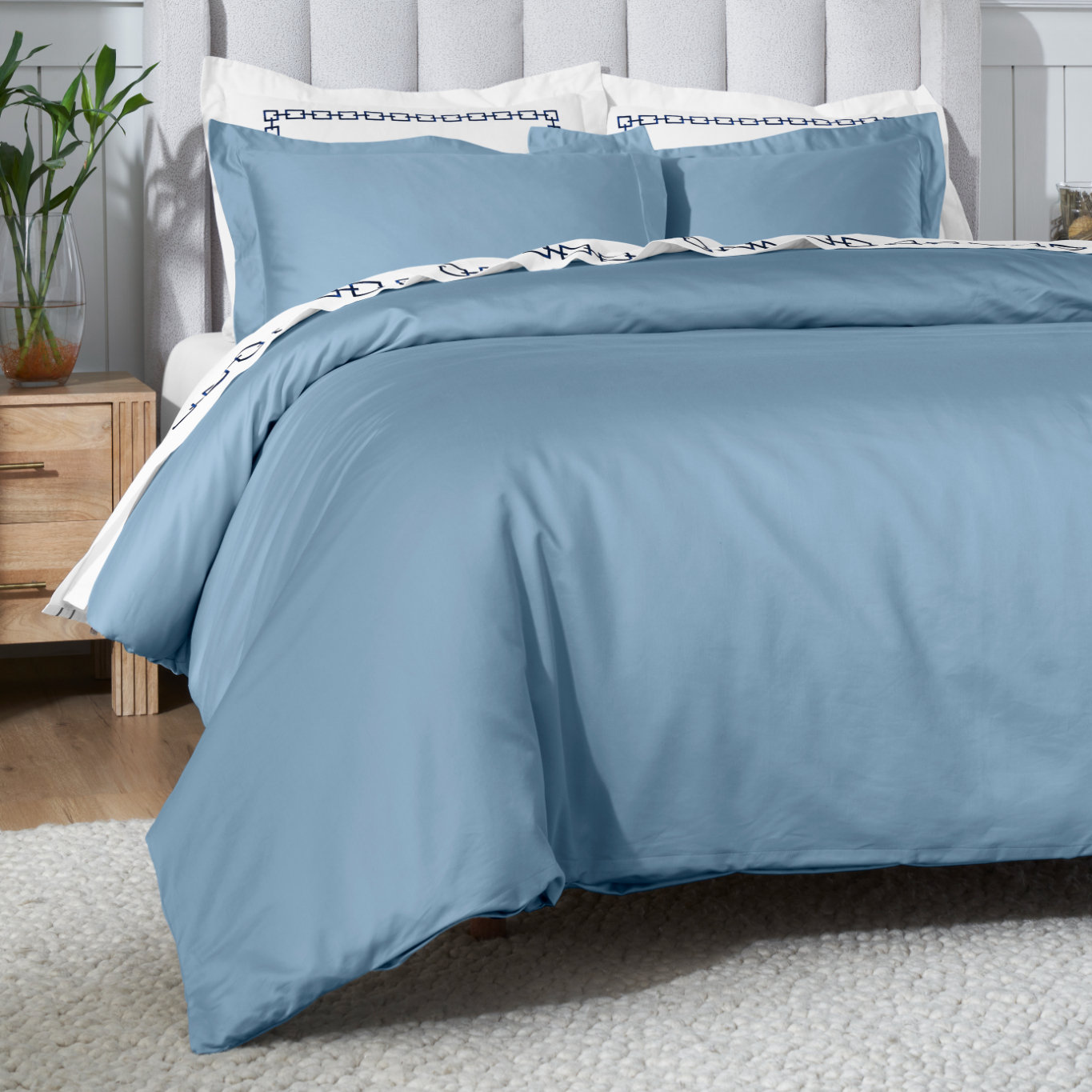 Egyptian Cotton Duvet Cover Set, Medium Blue, Twin Duvet Cover + 2 Standard Shams
