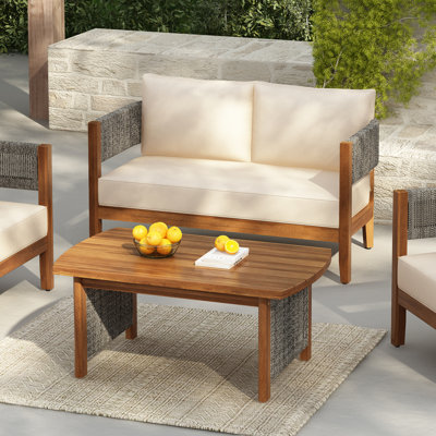 Mulero Outdoor 2-Piece Acacia Wood Conversation Set With Woven Rope  Cushions