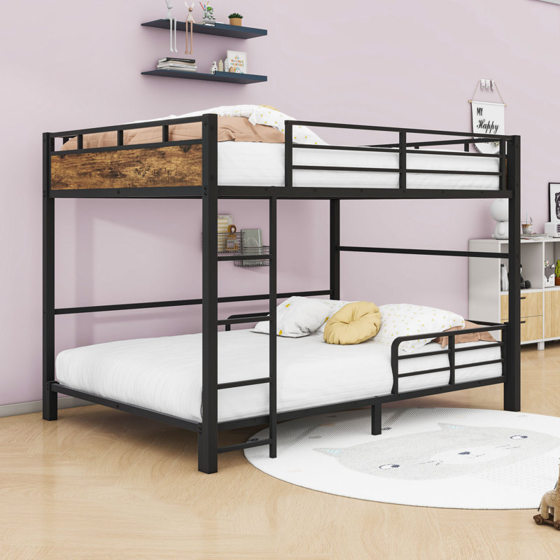 Metal Bunk Bed With Safety Rai, Vintage Wood, Full XL Over Full XL