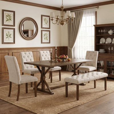 6-Piece Farmhouse Dining Table Set, Solid Wood Dining Set with Rectangular Trestle Table and 4 Upholstered Chairs & Bench for Dining Room and Kitchen