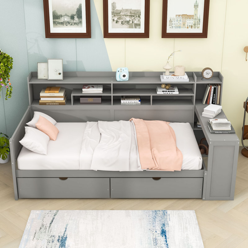 Wood Daybed with Two Storage Drawers and Shelves, Twin