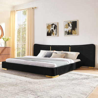 Extra Large Platform Bed With Soft Chenille Fabric, Curved Headboard, Reinforced Electroplated Metal Legs, And Flexible DIY Side Space Design