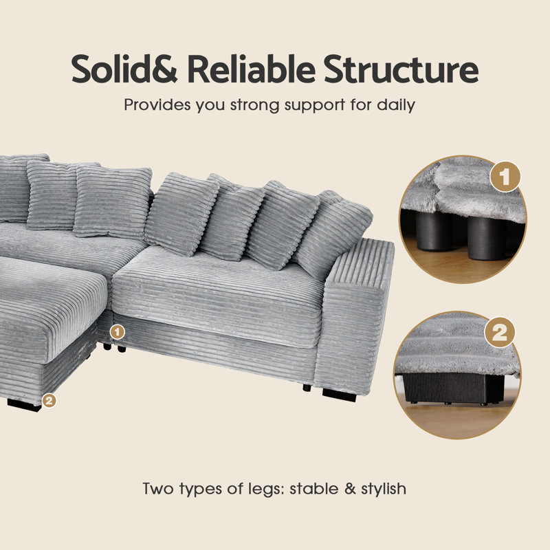 2 - Piece Corduroy Sectional Sofa Reversible Sleeper Couch with Chaise, Grey Corduroy
