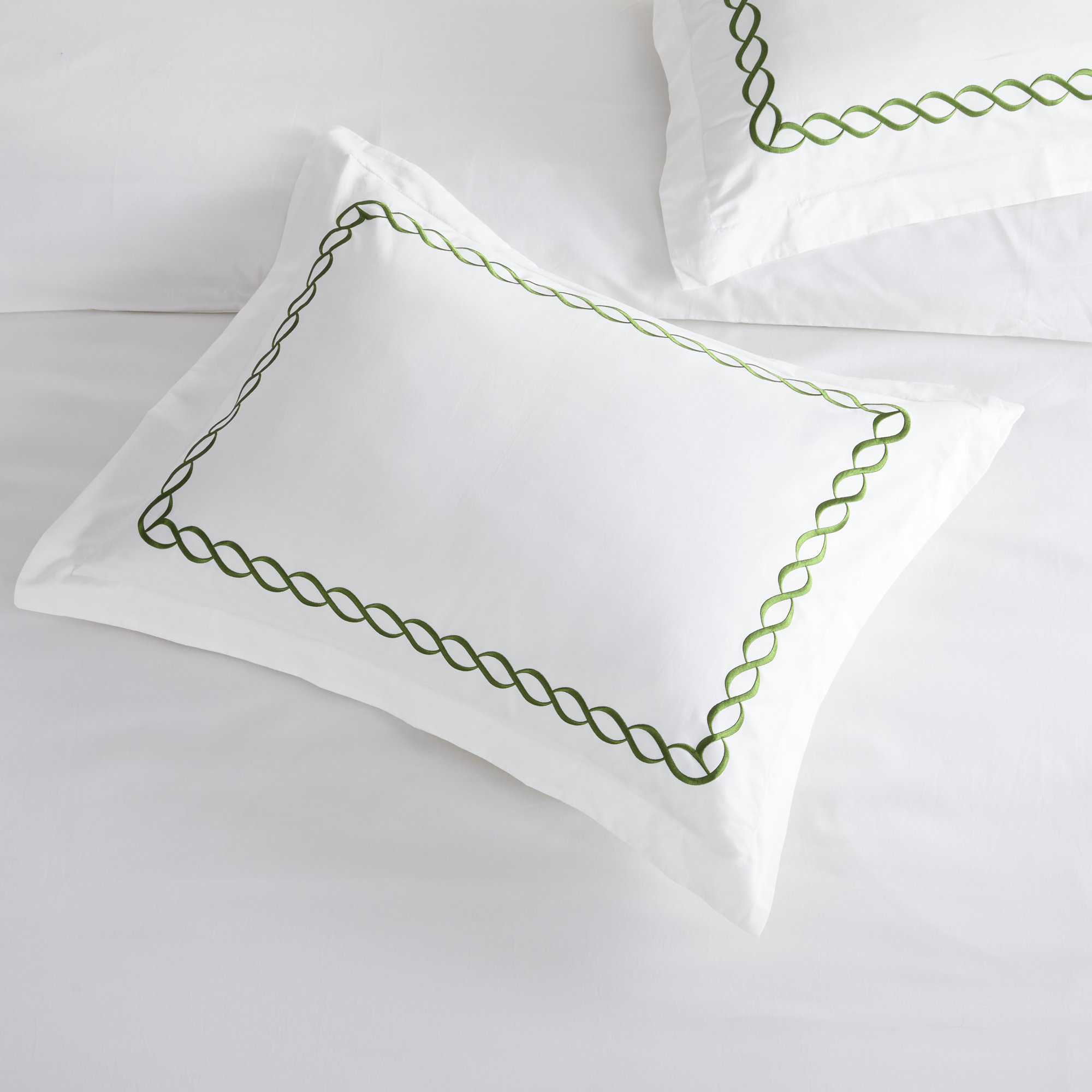Avellana Sateen Duvet Cover Set, King Duvet Cover + 2 King Shams, Green/White