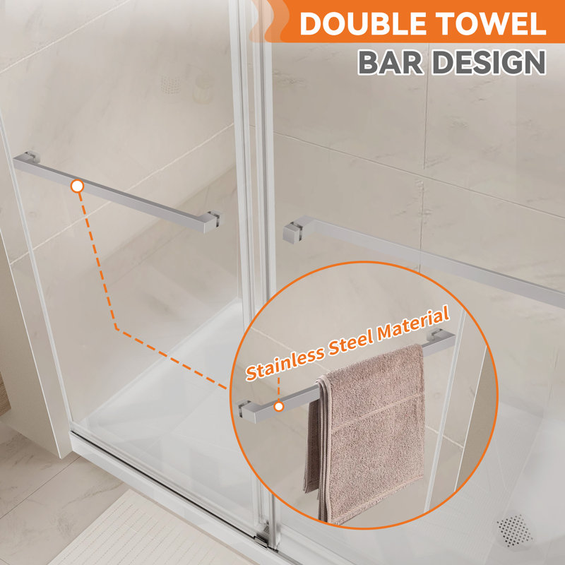 Porte de douche coulissante l 72 po x H 76 po, verre trempé de 3/8 po (10 mm), rail en acier inoxydable, glissement lisse avec tampon, plage réglable de 4 po, installation à gauche / droite