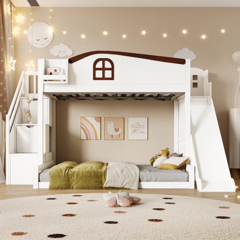 Twin Over Full Bunk Bed with Storage Staircase, Slide, Wardrobe and Shelf, Space-Saving Wood Bunk Bed, White+Espresso, White
