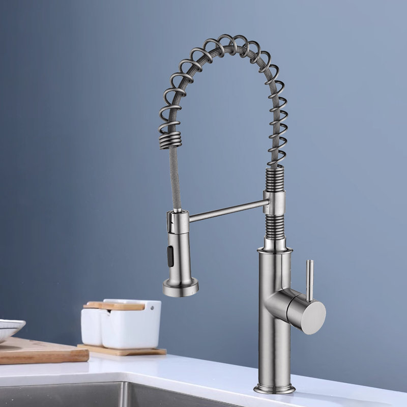 Robinet d'évier de cuisine à poignée simple rétractable en nickel brossé, Nickel brossé