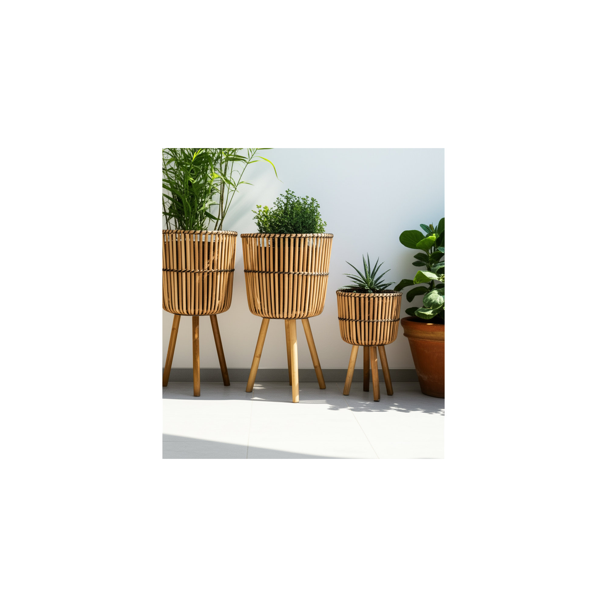 Wicker Modern Boho Bamboo Planter Set, Set of 3, Natural, 26" H x 15" W x 15" D