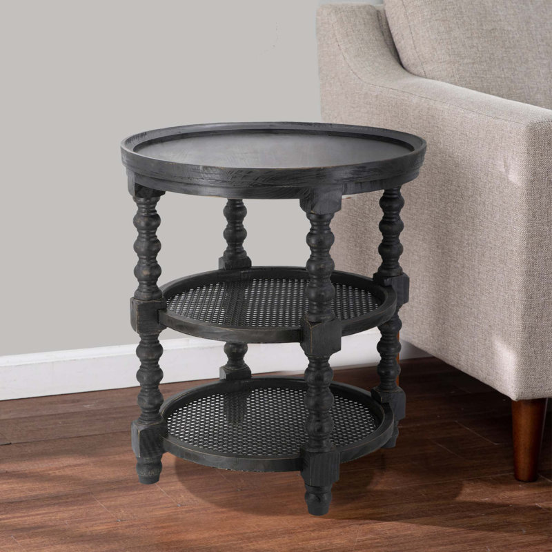 Alberteen Round 3-Tiered Side Table, Natural End Table for Lving Room Bedroom Entryway, Black, 25.2" H x 23.5" W x 23.5" D
