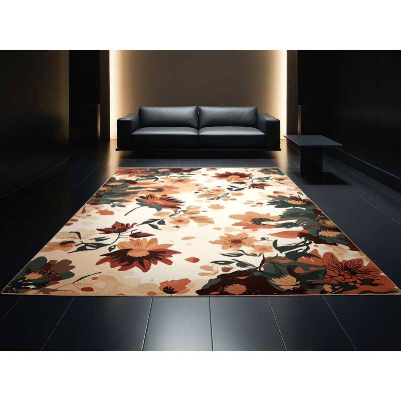 Machine Washable Orlandra Wildflower Mix Bohemian Abstract Rug in Beige – Beige Binding, 5' Round