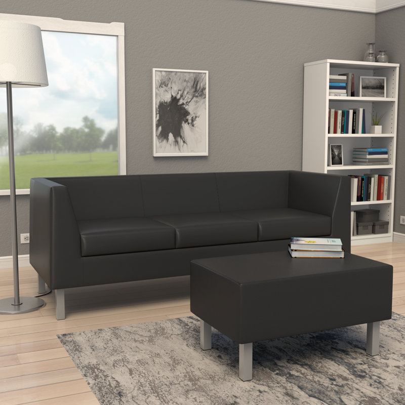 Zoey 73" Square Arm Sofa, Raven Black Faux Leather