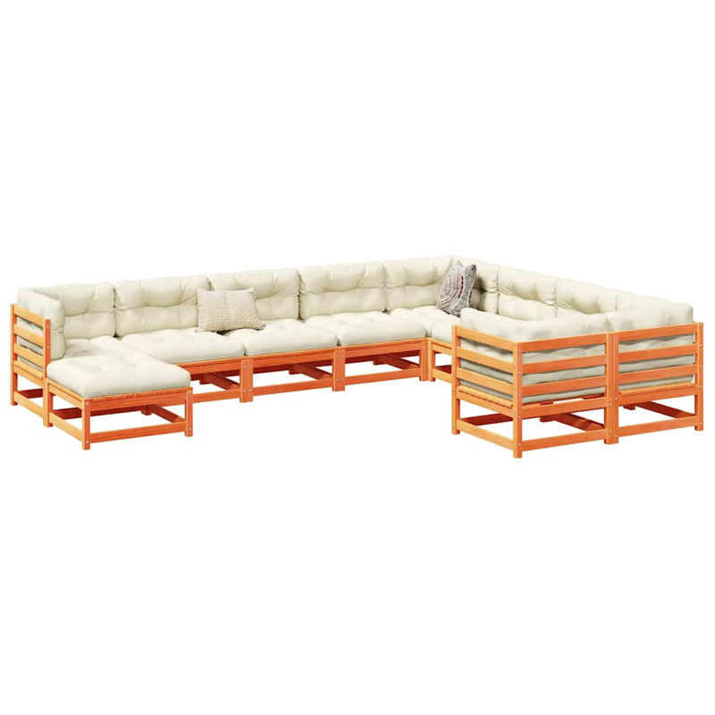  Ensemble de canapé de jardin modulaire en bois de pin massif brun, Coussin beige / structure brune
