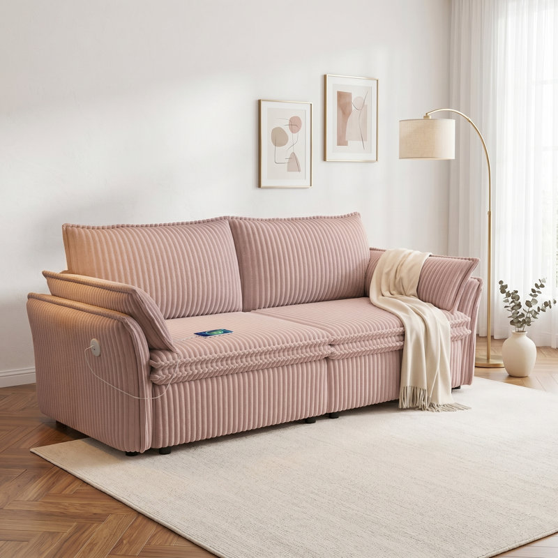 85" Textured Fabric Convertible Sofa Bed, Modern 2-in-1 Sleeper Couch, Pink