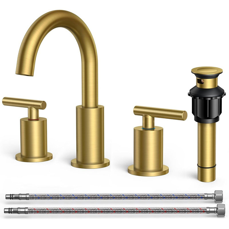 8 Inch Widespread Brushed Gold Bathroom Faucet 3 Hole, 2 Handle Gold Sink Faucet Bathroom Vanity With 360 Degree Swivel Spout, With Metal Pop Up Drain And Cupc Supply Line, For 6 To 12 In Sink