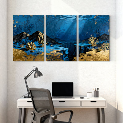 Paysage sous-marin avec corail doré et profondeurs bleues, ensemble de 3 impressions sur toile