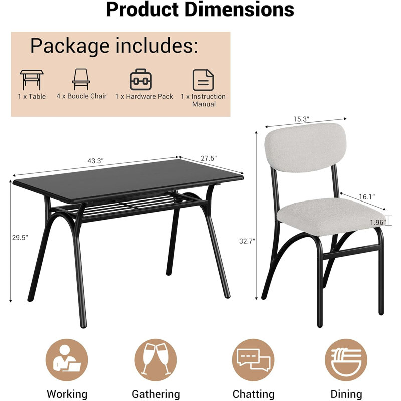Ensemble de table de salle à manger pour 4 tables de cuisine avec chaises Boucle pour 4 tables de salle à manger rectangulaires modernes avec support de rangement pour petit fauteuil beige et noir