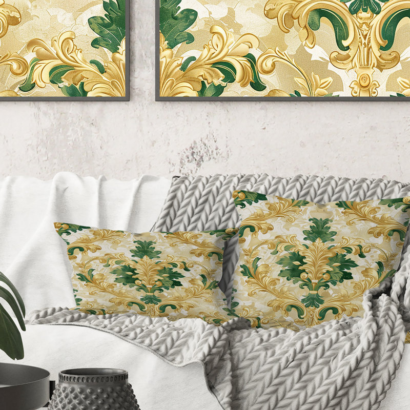 Coussin décoratif damassé et motif baroque vert doré I, H 12 po x l 20 po, Forme rectangulaire
