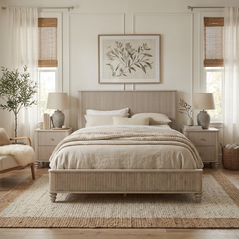 Sawyer Solid Wood Fluted King Platform Bed, Beige, King