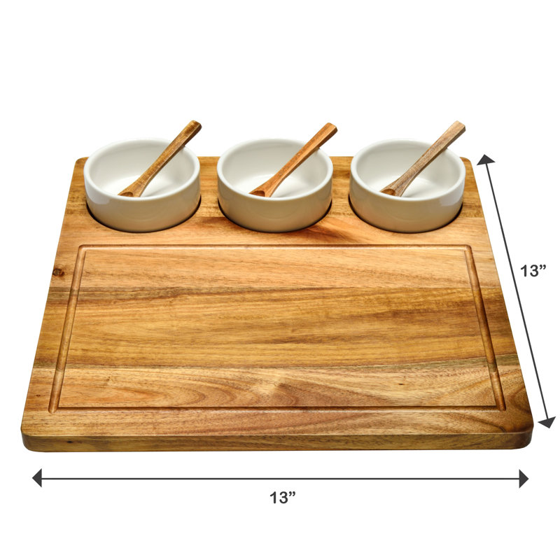 Ensemble de planches à charcuteries en acacia Loon Peak® de qualité supérieure avec bols en céramique et cuillères en acacia - 13 po x 13 po