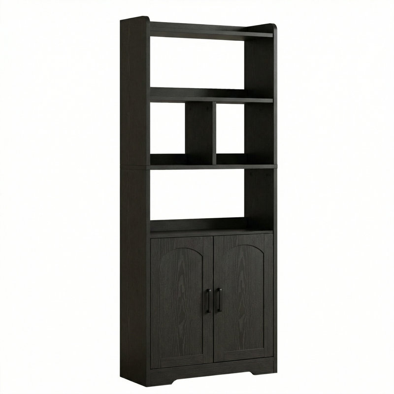 63" Tall Bookcase With Doors, 3-tier Open Storage Shelves, Anti-tipping & Back Panel Design, Freestanding Bookshelf, Black