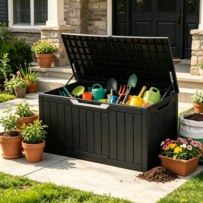 Quartey 100 Gallons Water Resistant Resin Lockable Deck Box, Black and Silver, Faux Wood Grain