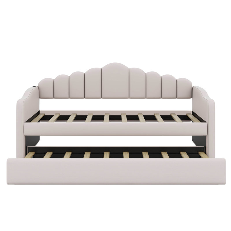 Multifunctional Twin Upholstered Daybed With Pull-Out Trundle And Built-In USB Charging, Beige
