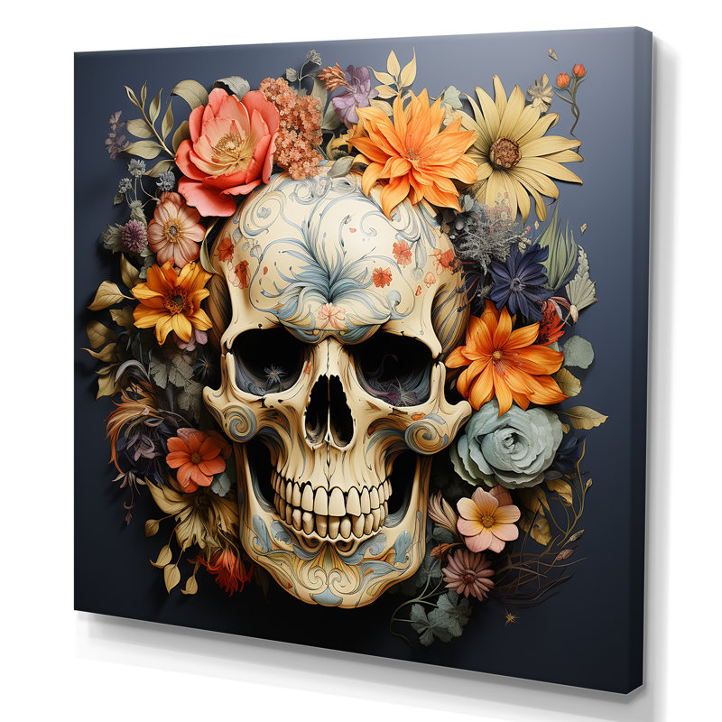 Crâne floral à la mode en doré II - art mural mode crâne, Toile tendue, H 16 po x l 16 po x P 1 po