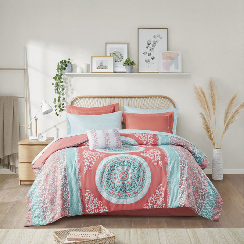 Ensemble d'édredon pour grand lit avec draps, Corail / motif abstrait, Grand édredon et 8 pièces supplémentaires