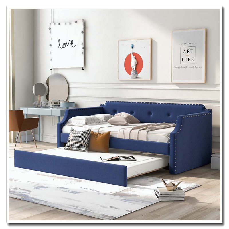 Upholstered Daybed with Trundle, Blue