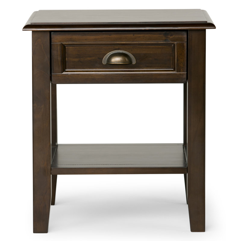 Table de bout carrée transitionnelle en bois massif l 18 po Burlington avec tiroir et tablette ouverte Burlington