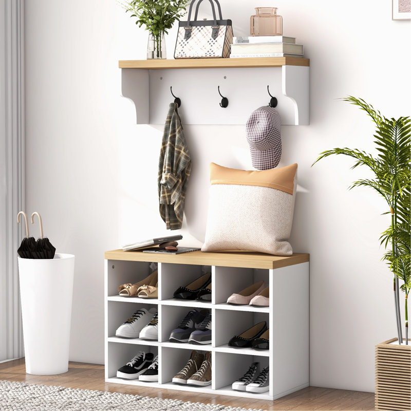 21 portemanteaux et banc à chaussures, 9 paires de rangement pour l'organisation du vestibule, blanc, étagères, décor, arbre de construction en panneau de particules, rangement, chambre à coucher, étagère,