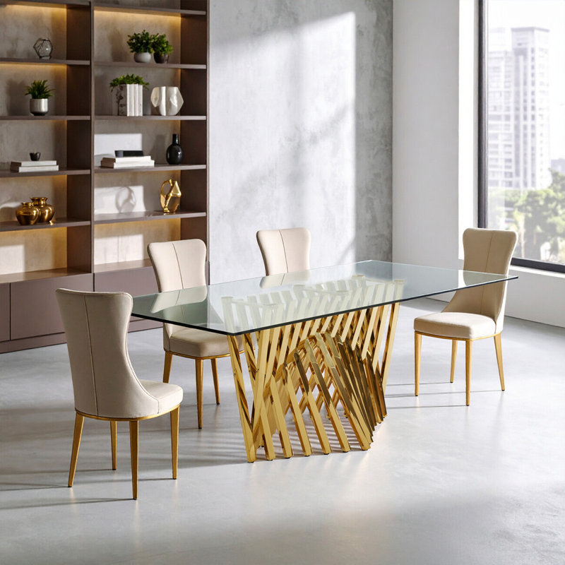 Hakon Glass Top Metal Base Dining Table, H75 x L180 x W90cm
