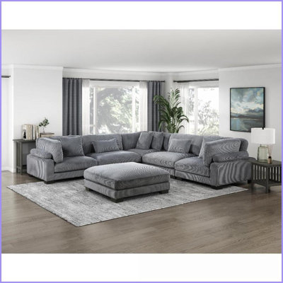 Modern Modular Corner Seat Gray Corduroy Sofa – Adjustable Back/Arms, Reversible Cushions & Pillows | Gray | Plywood | Cushion Back