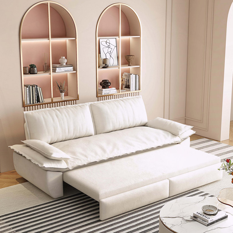 Grand canapé-lit en velours coulissant, causeuse convertible 3-en-1, Beige/White