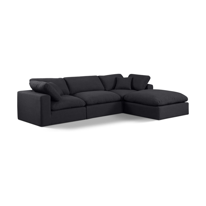 Canapé modulaire 4 pièces rembourré, Tissu texturé en lin noir