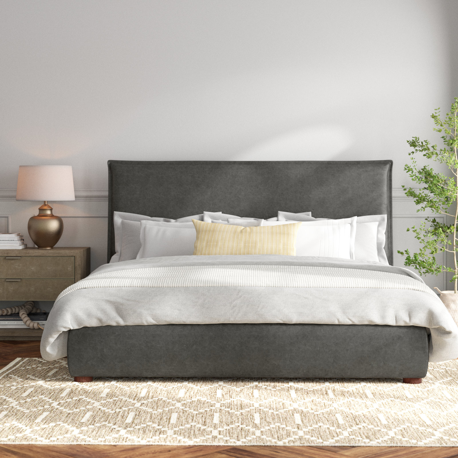 Timothy Upholstered Low Profile Platform Bed, Queen, Dark Grey Faux Leather, 45.5