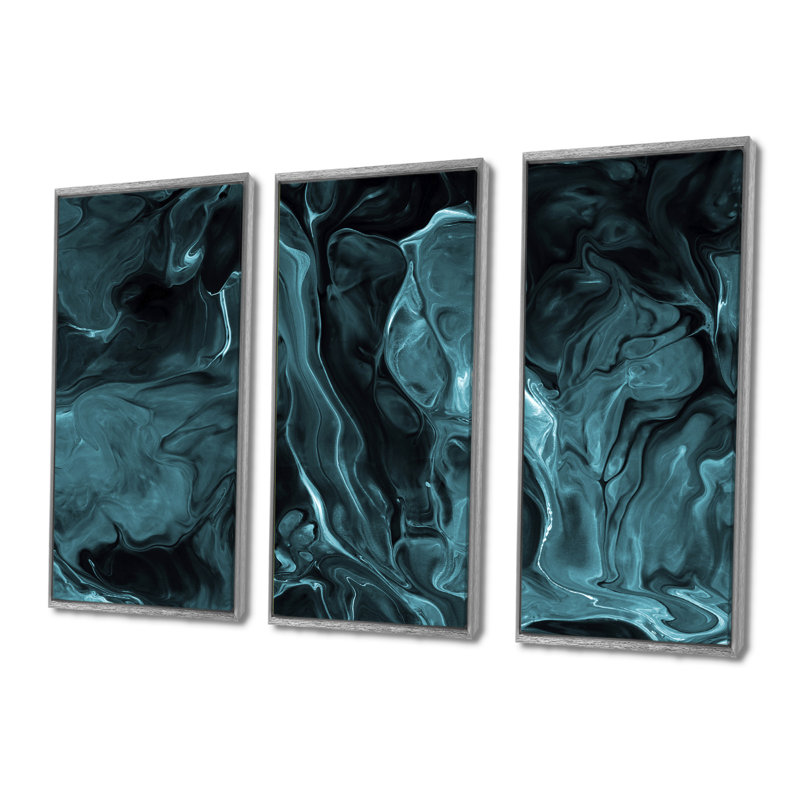 «Turquoise Creative Abstract Dark I», ensemble d'art mural sur toile moderne encadré de 3, H 40 po x l 60 po, Argent argent