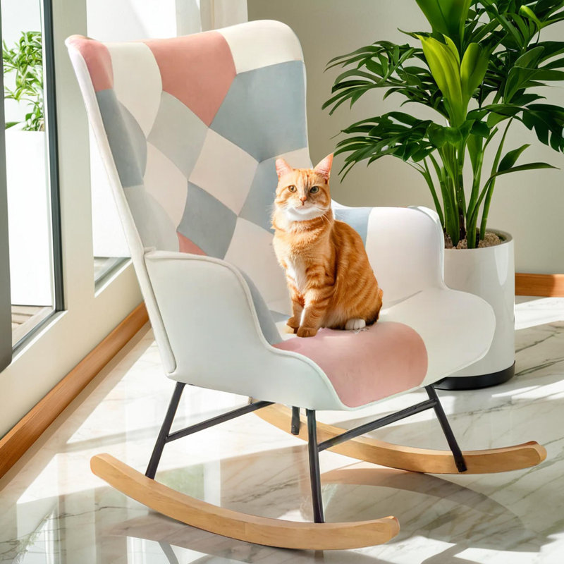 Chaise berçante en tissu, bois et lin, Rose