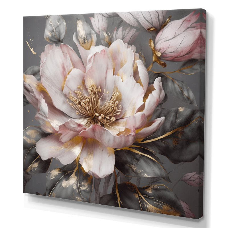 Rose et gris pivoines en fleurs III - pivoines, art mural, H 16 po x l 16 po, Toile tendue