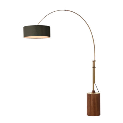 Tambo 92"H 1-Light Arc Lamp, Linen Shade, Dark Walnut Base, Weathered Brass, Dimmable, for Living Room or Bedroom