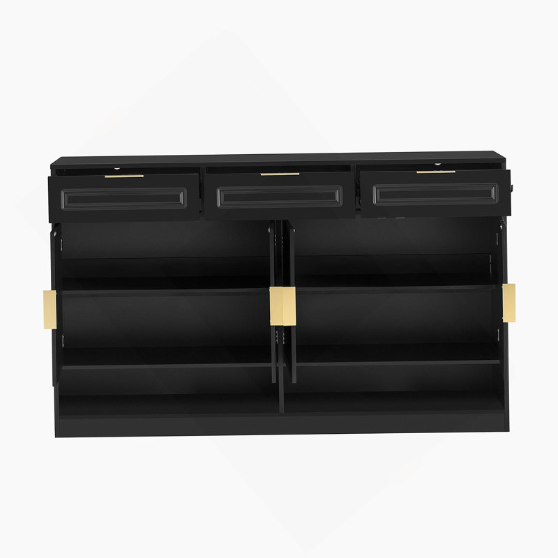 Buffet avec 3 tiroirs et 4 portes, buffet de rangement avec tablette réglable et compartiments de rangement ouverts, Black
