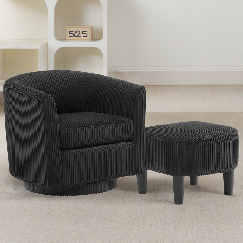 Swivel Accent Chair 360° Comfy Recliner Corduroy Arm Chair Single Sofa With Ottoman, Blạck Corduroy