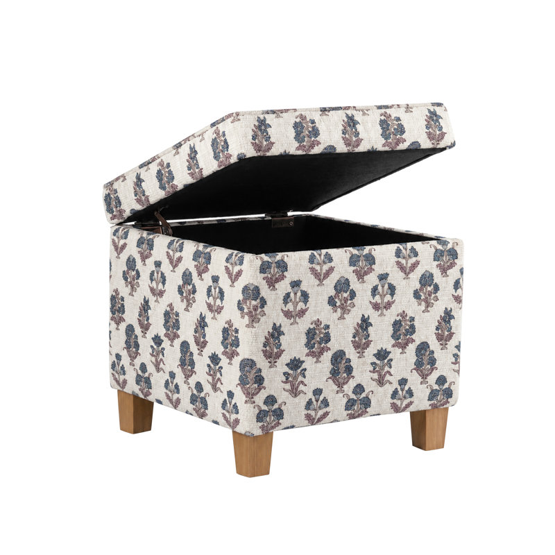 Pouf de rangement carré capitonné - Motif floral bleu