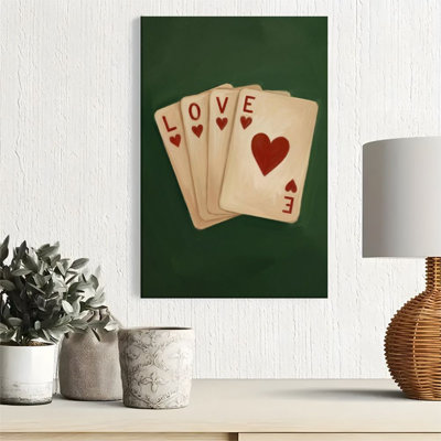 1pc Framed Canvas Wall Art Prints Poster, Love theme, red heart playing cards spelling 'LOVE', vintage hand-drawn style Art Posters Canvas Print Painting for Living Room Bedroom Office Bathroom Dorm Home Decor, Ready To Hang