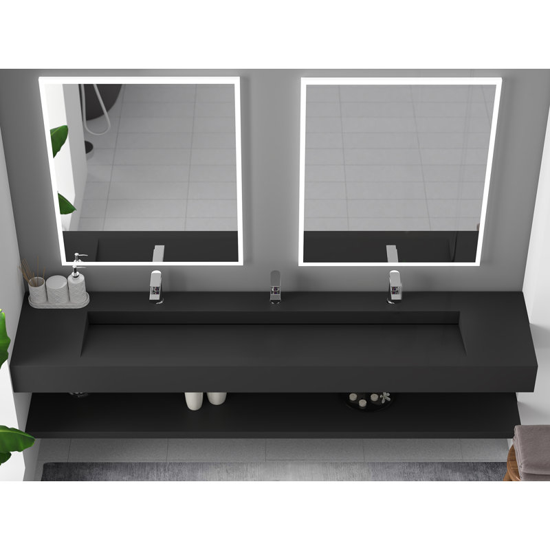 Pyramid 84" Wall Mounted Rectangular Solid Surface Bathroom Trough Sink in Matte Finish - Black, Black