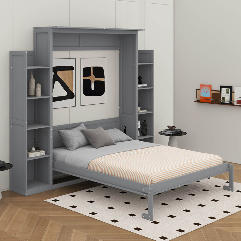 Grand lit escamotable avec tablettes et DEL, Gris