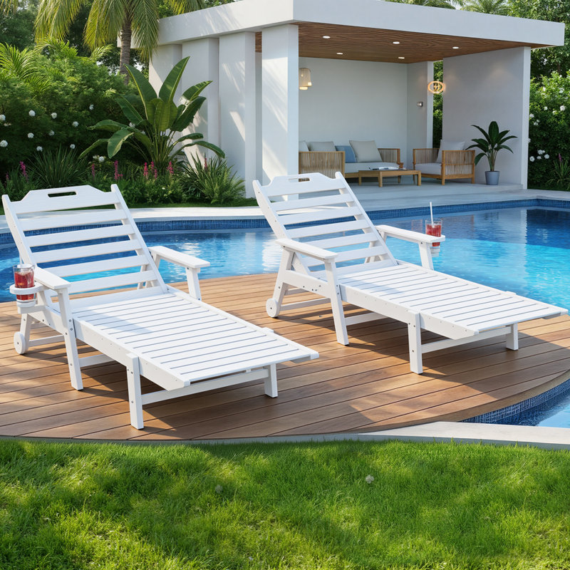 Set of 2 Oversized Outdoor Lounge Chairs – HDPE All-Weather Chaise Lounge with 6 Positions, 500-LBS Capacity, Wheels, and Cup Holder for Deck or Poolside, White