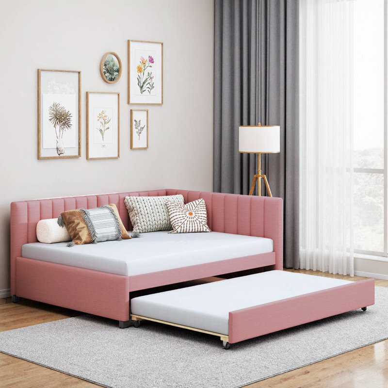 Lit de jour rembourré en lin rose avec couchette - Structure de canapé-lit double, aucun sommier nécessaire, Rose