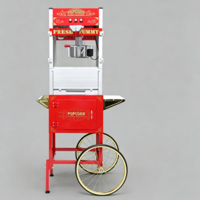 Vintage Style Popcorn Machine with Wheels, Mobile Cart with Storage Cabinet, Antique-Design Popcorn Maker with Stainless Steel Kettle & Tempered Glass Windows for Home Theatre, Party & Movie Night